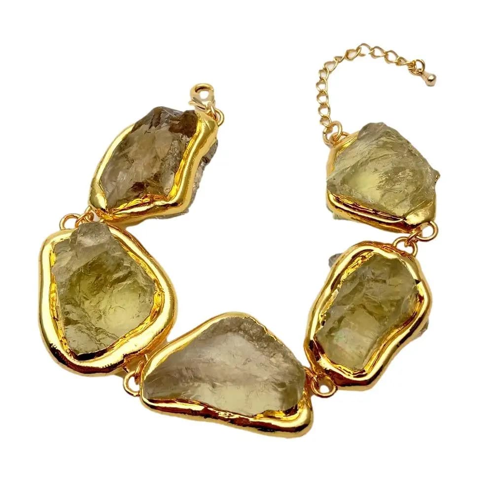 YYGEM naturel 27x33mm citron Quartz brut brut Bracelet plaqué or brossé perle Semi précieuses femmes bijoux