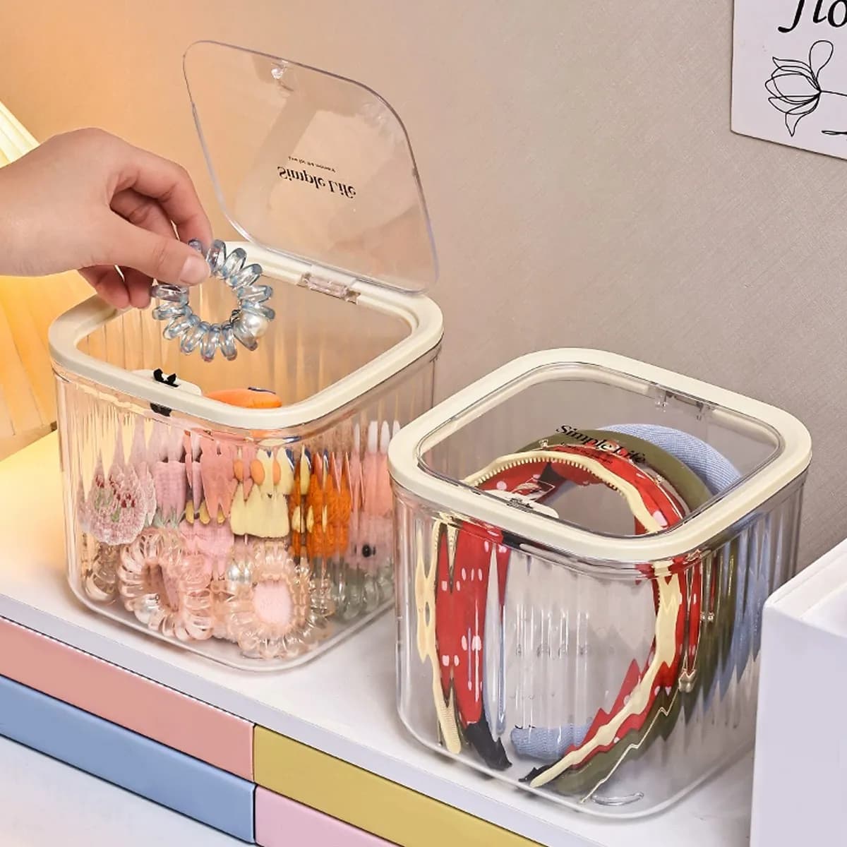Boîte de rangement d'accessoires pour cheveux, boîte à bijoux à pression sur le bureau, avec couvercle, boîte d'organisation de pinces à cheveux avec bandeau en caoutchouc pour filles 1 pièce