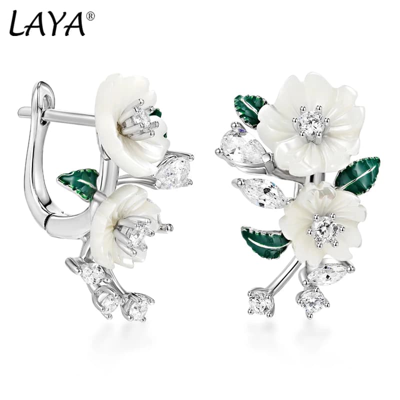 Laya boucles d'oreilles pour femmes haute qualité Zircon coquille naturelle fleur feuille verte émail 925 en argent Sterling mode bijoux modernes