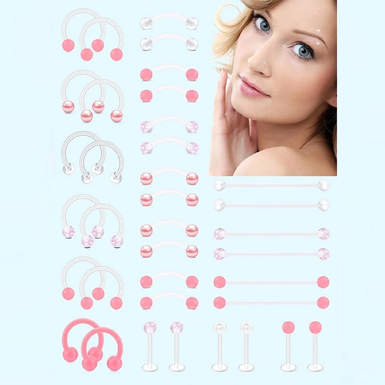 12pcs clair rose industriel piercing bijoux plastique septum sourcil hélice tragus daith bagues de labret vertical pour la chirurgie