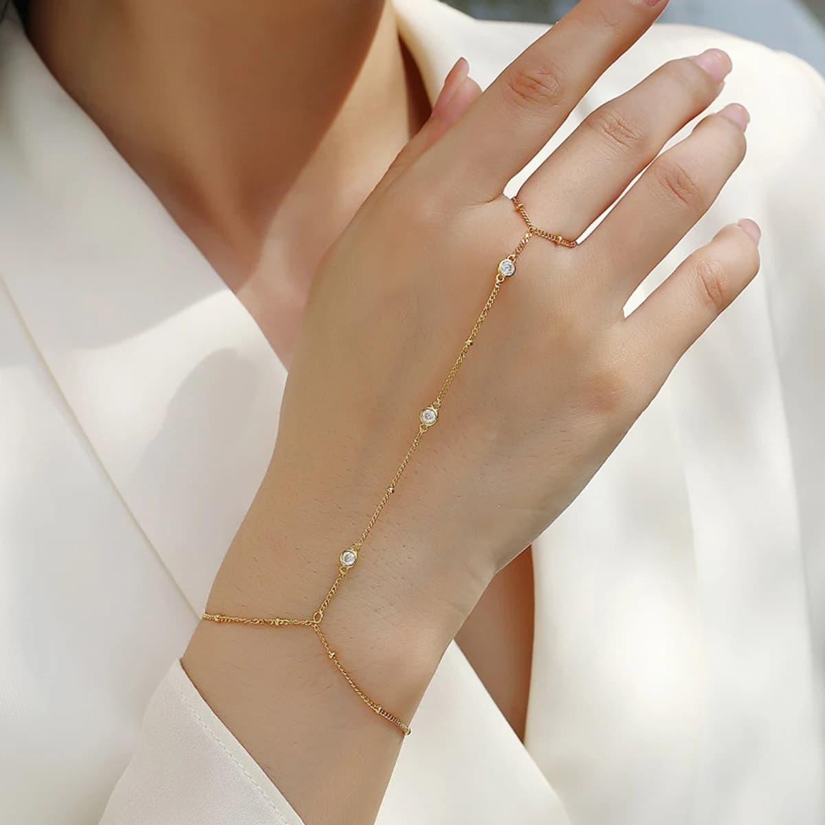 Bracelet Chaîne de Main en Argent Sterling S925 Plaqué Or avec Moissanite JIUZUAN, Bijou Ajustable pour Femme Tendance