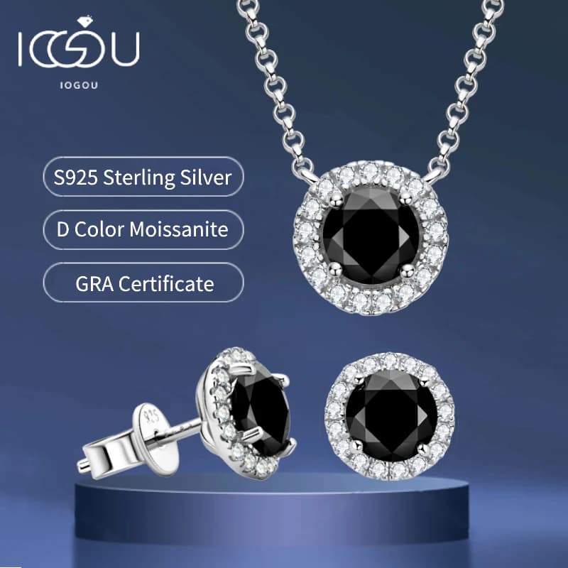 925 argent Moissanite pendentif collier boucles d'oreilles ensembles noir diamant ensemble de bijoux plaqué or blanc 18 carats pour femmes et hommes cadeaux