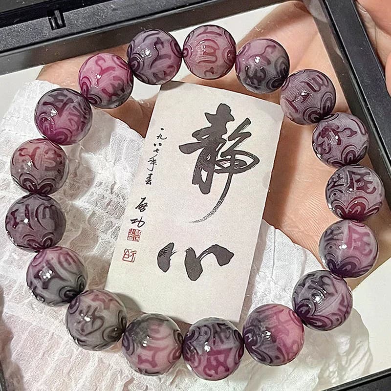 Bracelet de perles en racine de Bodhi violette naturelle, perles de chapelet sculptées, bijoux porte-bonheur