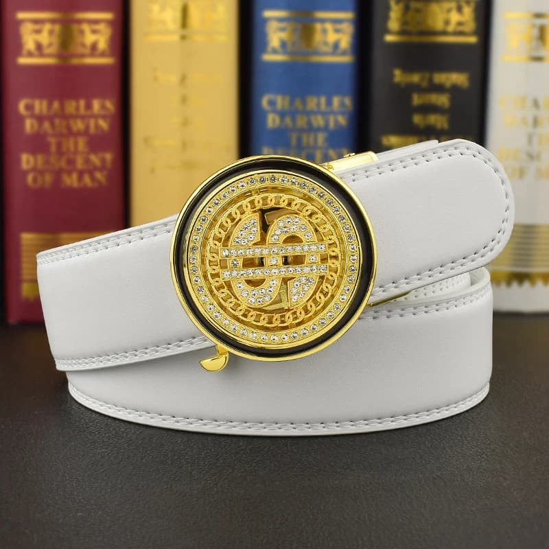 Ceinture automatique de luxe en cuir véritable pour hommes, avec strass, boucle rotative en métal, ceinture d'affaires, nouvelle collection 2024