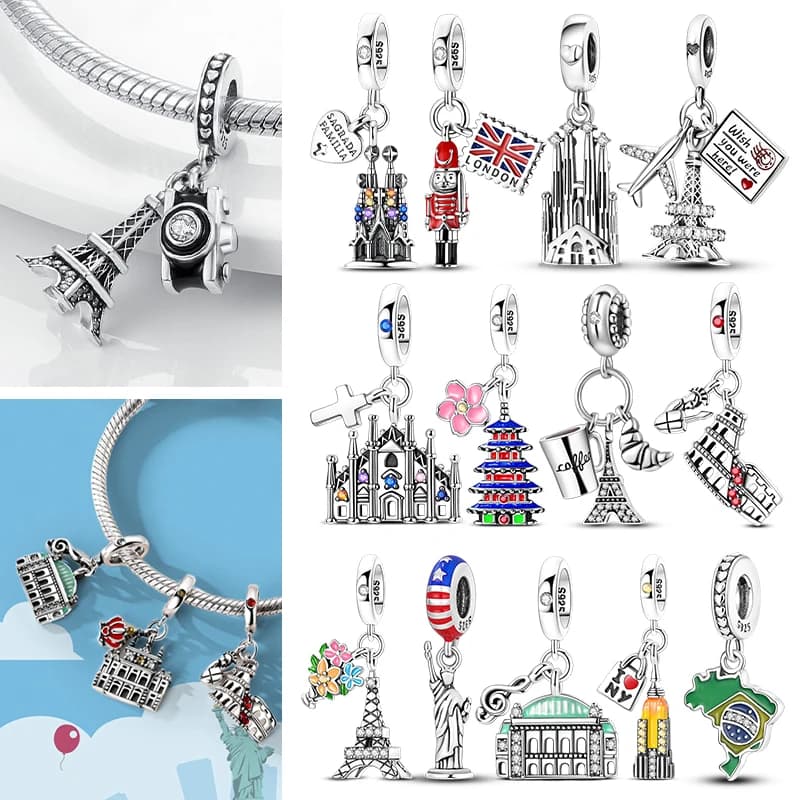 Pendentif breloque en argent sterling 925, série bâtiments emblématiques, compatible bracelet DIY, breloque Tour Eiffel de Paris, breloque Cathédrale, bijoux pour femme, cadeau