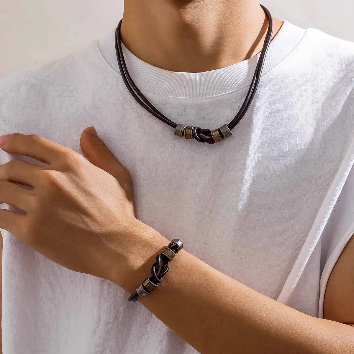 Lacteo Hip Hop perles cylindriques collier à breloques pour hommes corde en cuir PU avec cravate un noeud tour de cou chaîne bijoux Punk nouveau