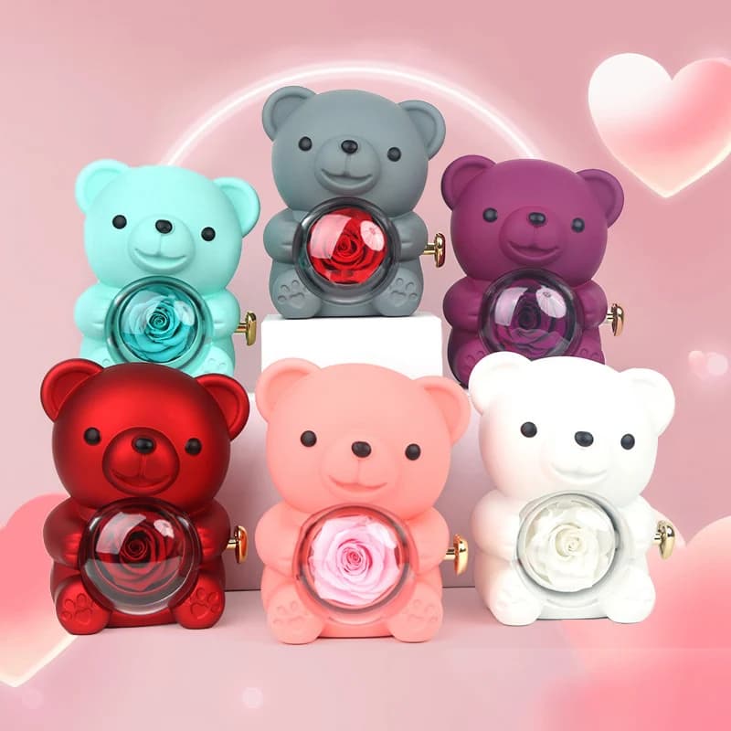 Rose éternelle ours en peluche collier bague boîte à cadeaux rotation Rose boîte à bijoux saint valentin mariage stockage coffret cadeau pour femme petite amie