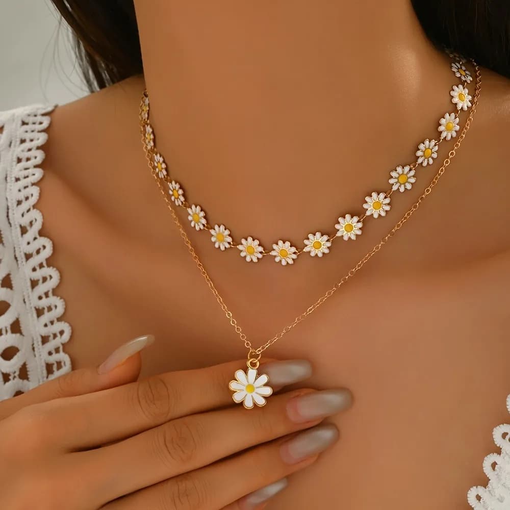 Ensemble de 2 colliers pendentifs rétro à motif marguerite - Collier double couche avec pendentif fleur blanche