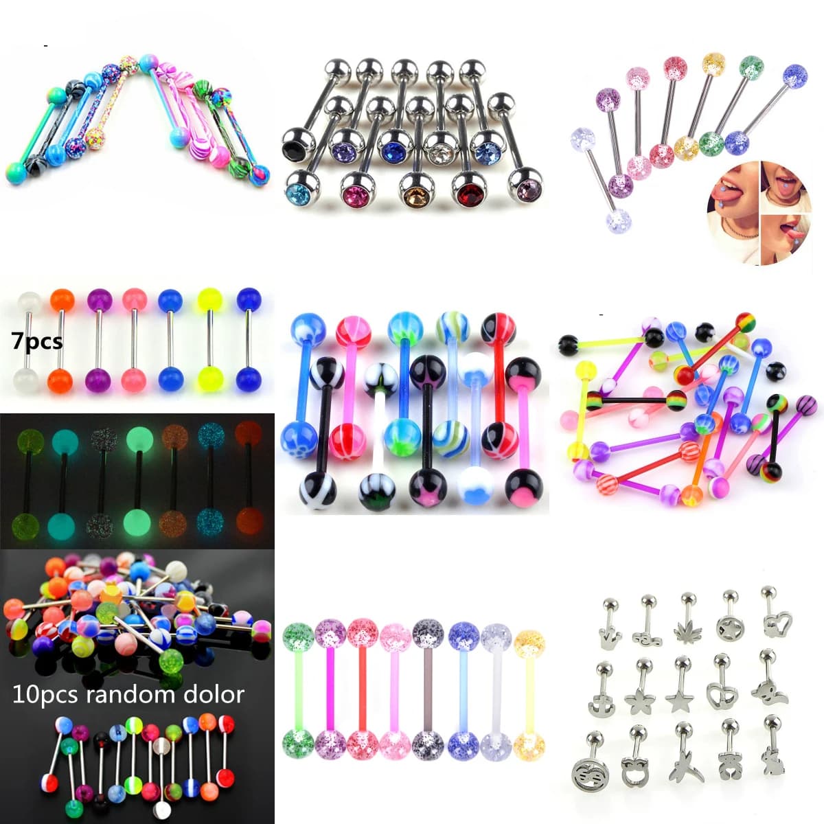 Ensemble de 5 ou 8 pièces de Piercing de langue en plastique
