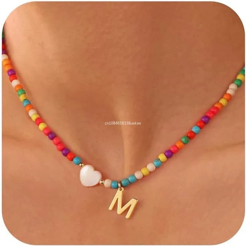 Colliers avec lettres initiales de perles colorées pour filles et femmes, ras du cou en perles faites à la main, style bohème, bijoux cadeau, nouvelle collection