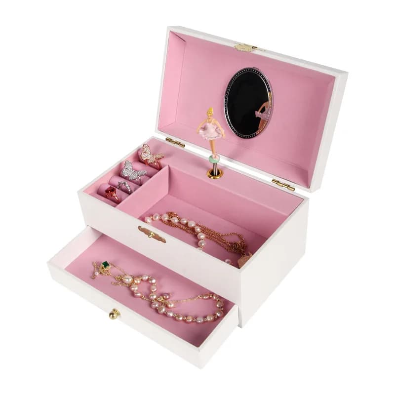 Boîte à musique blanche pure de 7 pouces, tiroir à bijoux, miroir de maquillage, boîte de rangement pour la journée des enfants, saint-valentin, cadeau d'anniversaire de noël