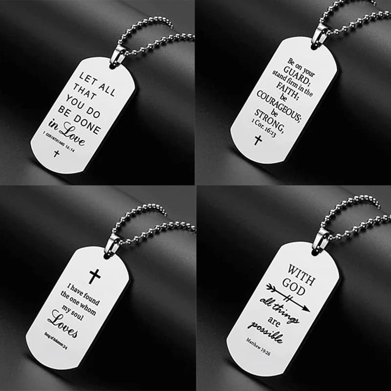 Collier pendentif verset de la Bible pour homme ou garçon, étiquette de chien en acier inoxydable, cadeau d'anniversaire de baptême, bijoux de la journée de Léon