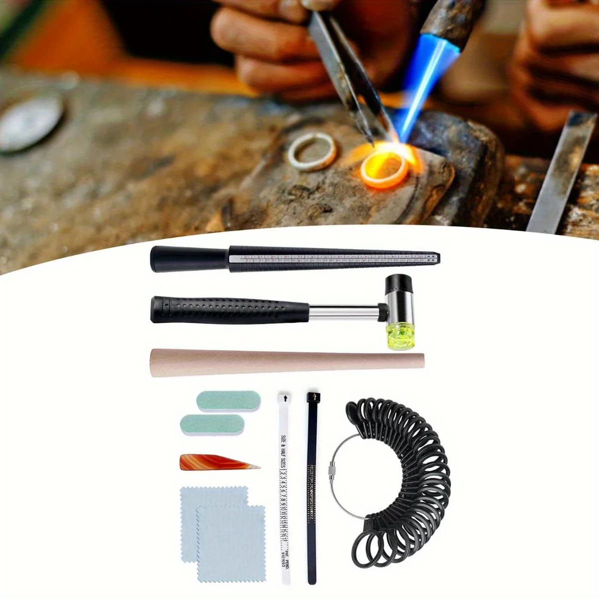 Kit de fabrication de bijoux 11 pièces avec tige de polissage, marteau en caoutchouc et jauge à doigts - Ensemble complet d'outils pour la création de bagues