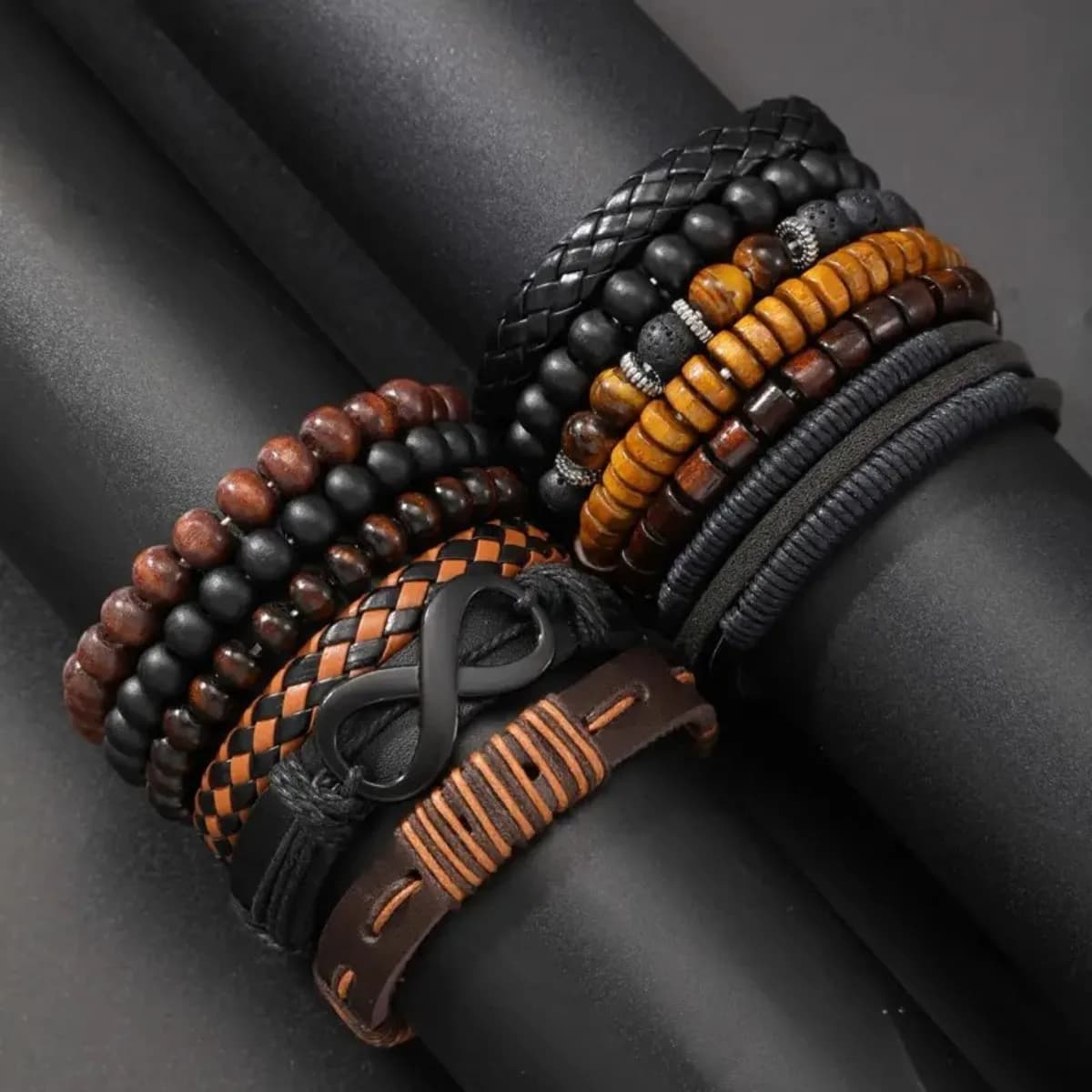 Ensemble de bracelets en Faux cuir tissé Vintage, 12 pièces, œil de tigre et perles de pierre de lune, pour accessoires de mode de fête décontractés (boîte non incluse)