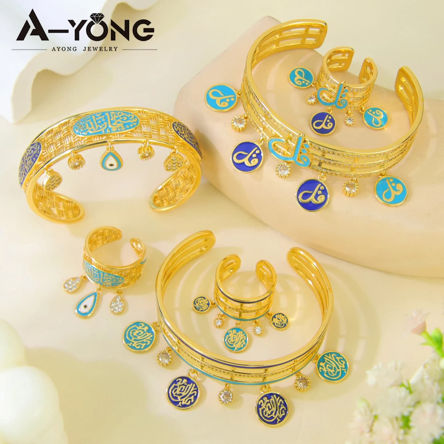 Parure de bijoux de mode islamique arabe plaqué or 21 carats avec zircone de Dubaï, bracelets et bague, pour femmes nigérianes, mariages et fêtes