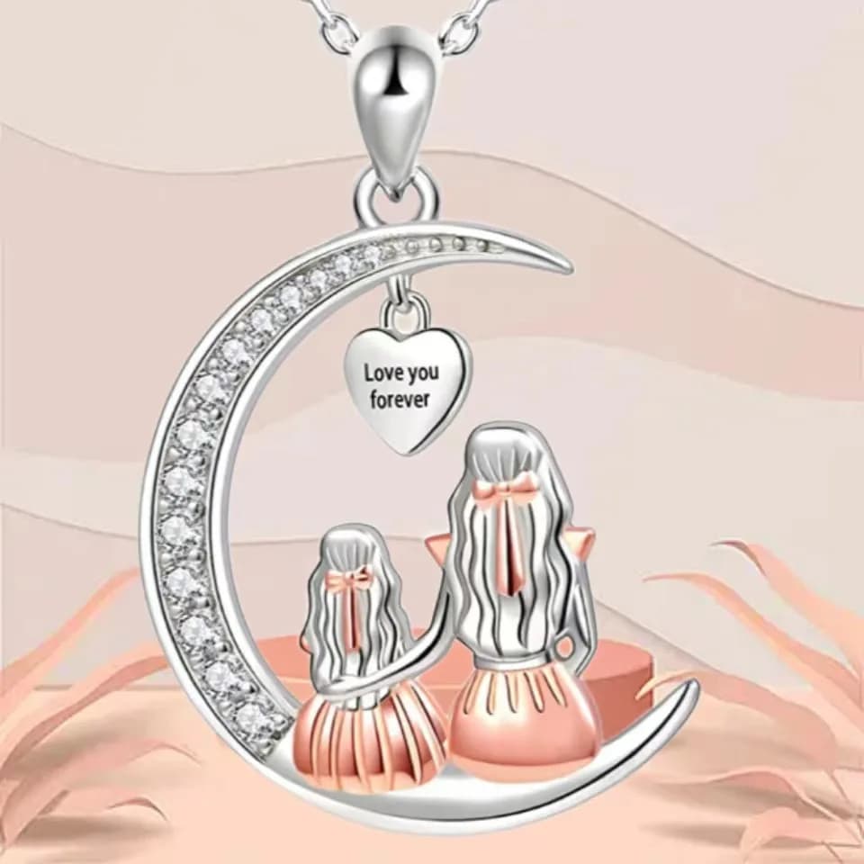 Collier de famille maman fille t'aime pour toujours couleur argent coeur lune pendentif Zircon colliers femmes bijoux cadeau de fête des mères