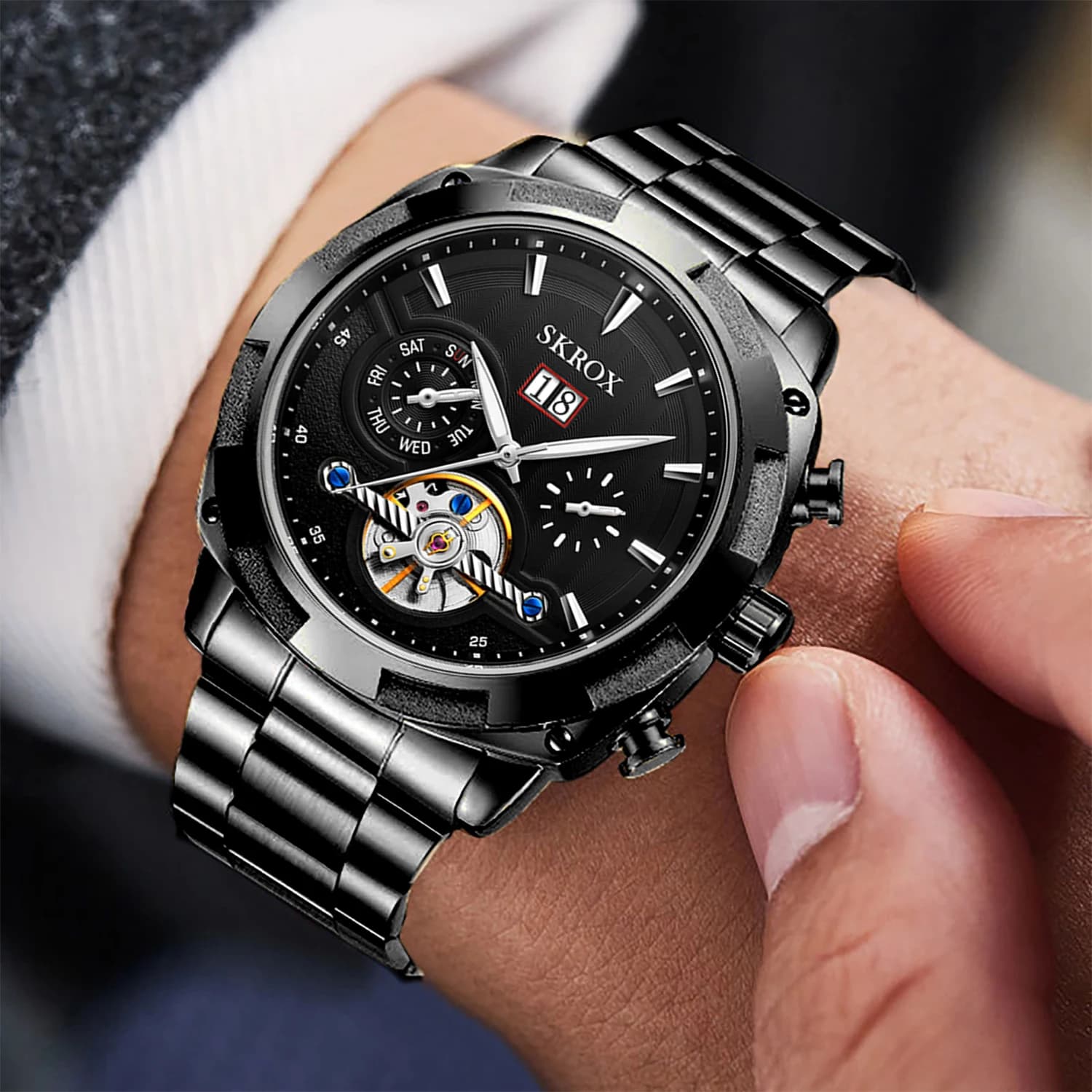 SKROX-Montre-Bracelet Mécanique en Acier Inoxydable pour Homme, Tourbillon, Mouvement existent, Étanche, Original, Mécanique, oral alier