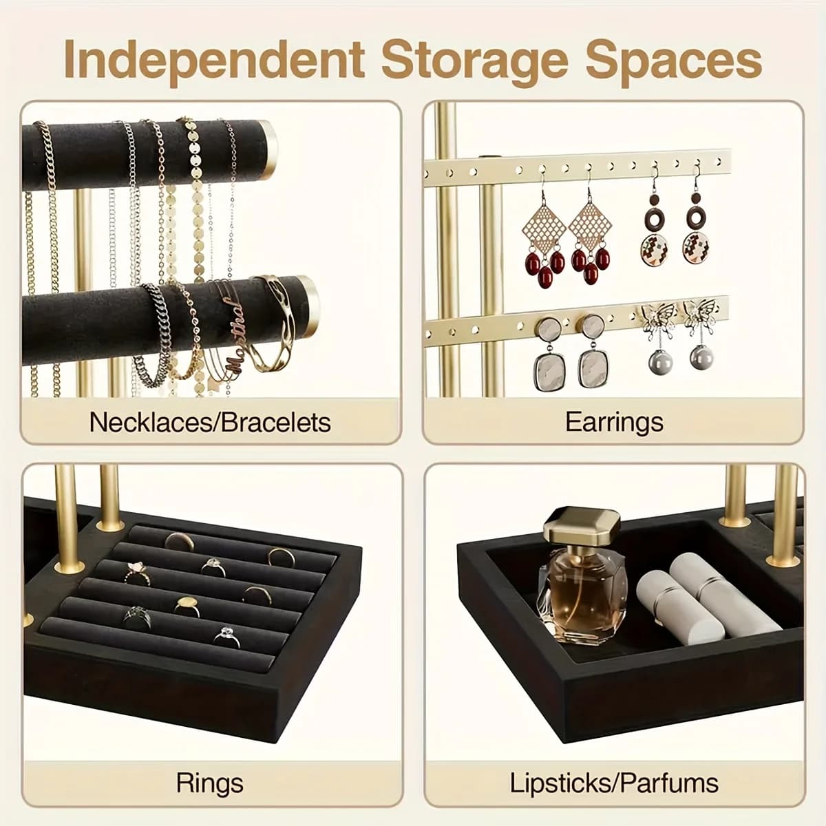 Un support de rangement de bijoux de style luxueux avec un schéma de couleurs noir et or, doté de plusieurs couches pour une arrangement ordonné du nec