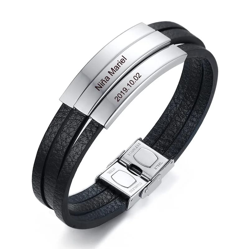 Bracelet en Cuir Noir Personnalisé avec Étiquette d'Identification