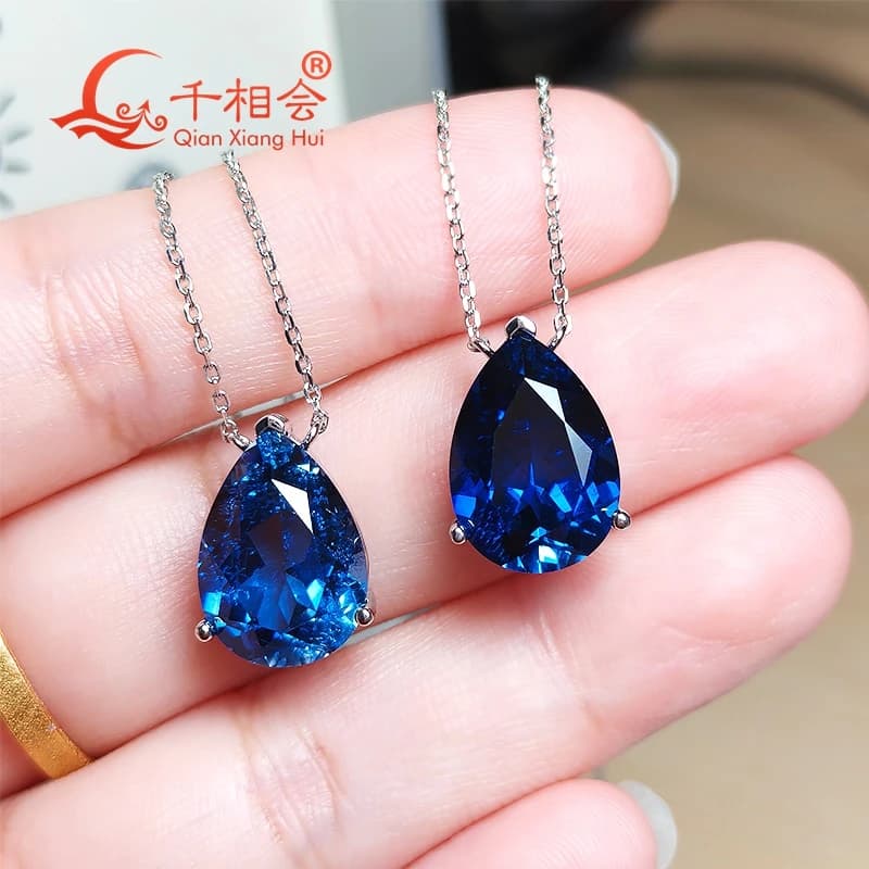 Collier pendentif en argent 925 en forme de poire, 7ct10x14mm, bleu royal/bleu volaille, créé en laboratoire, Inclusions de saphir, pierre, bijoux