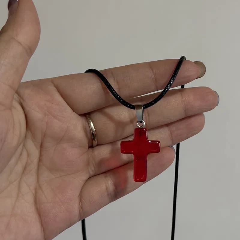 Pendentif croix en pierre naturelle bohème, corde en cuir noir, Quartz Rose, Onyx, opale, œil de tigre, bijoux classiques décontractés