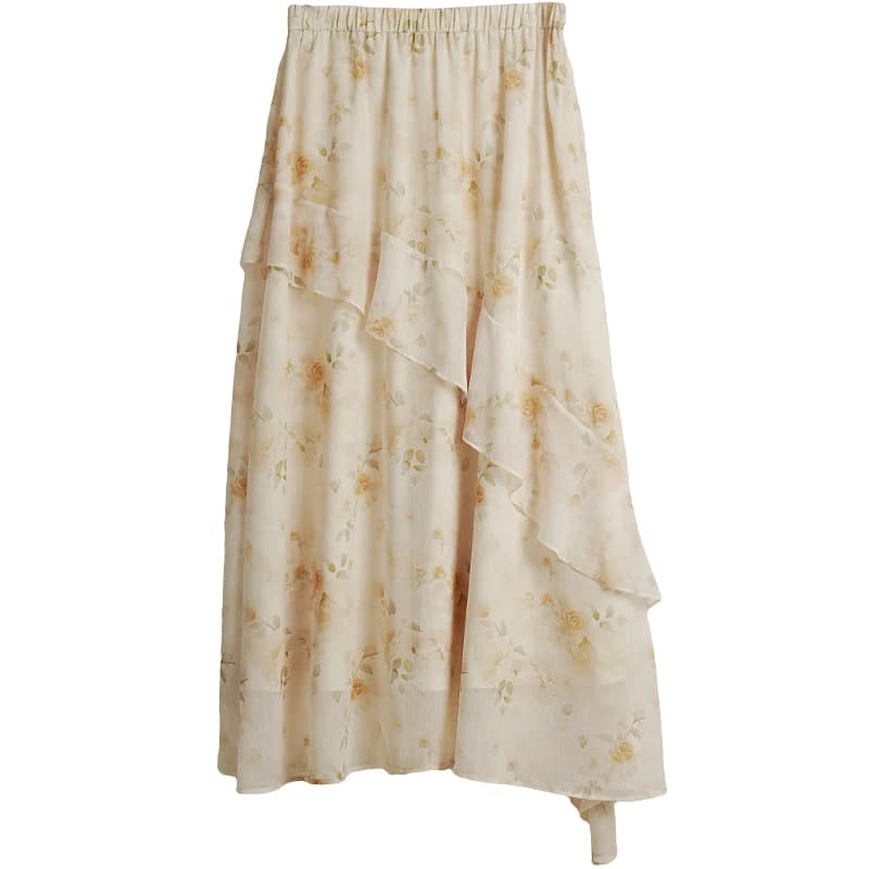 Jupe OLrain style pastoral français à motif floral rose, été 2026, élégante, à volants, taille haute, coupe trapèze, imprimée, ajustée O58XB006113