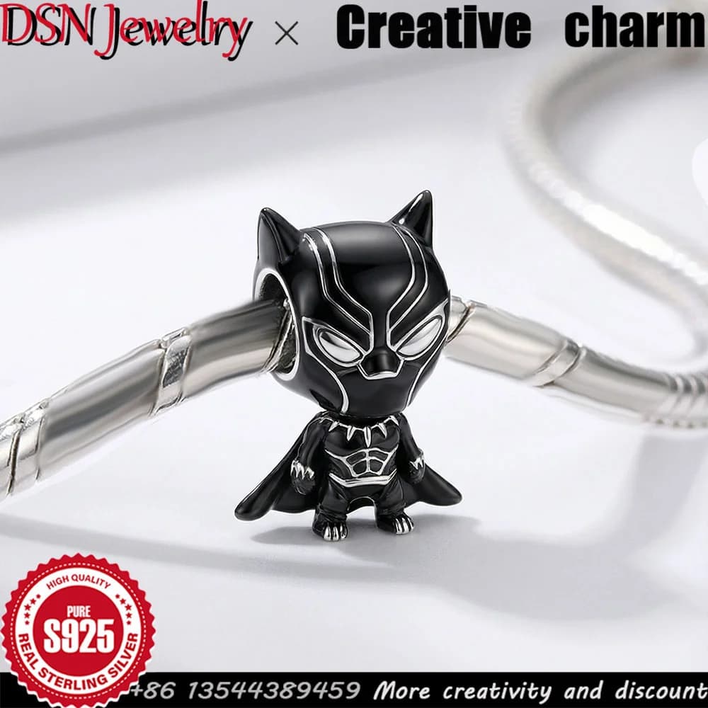 Breloque Super-héros en Émail Noir Argent S925 DSN Jewelry, Perles DIY de Designer pour Bracelet et Collier, Accessoires de Luxe, Cadeau Idéal