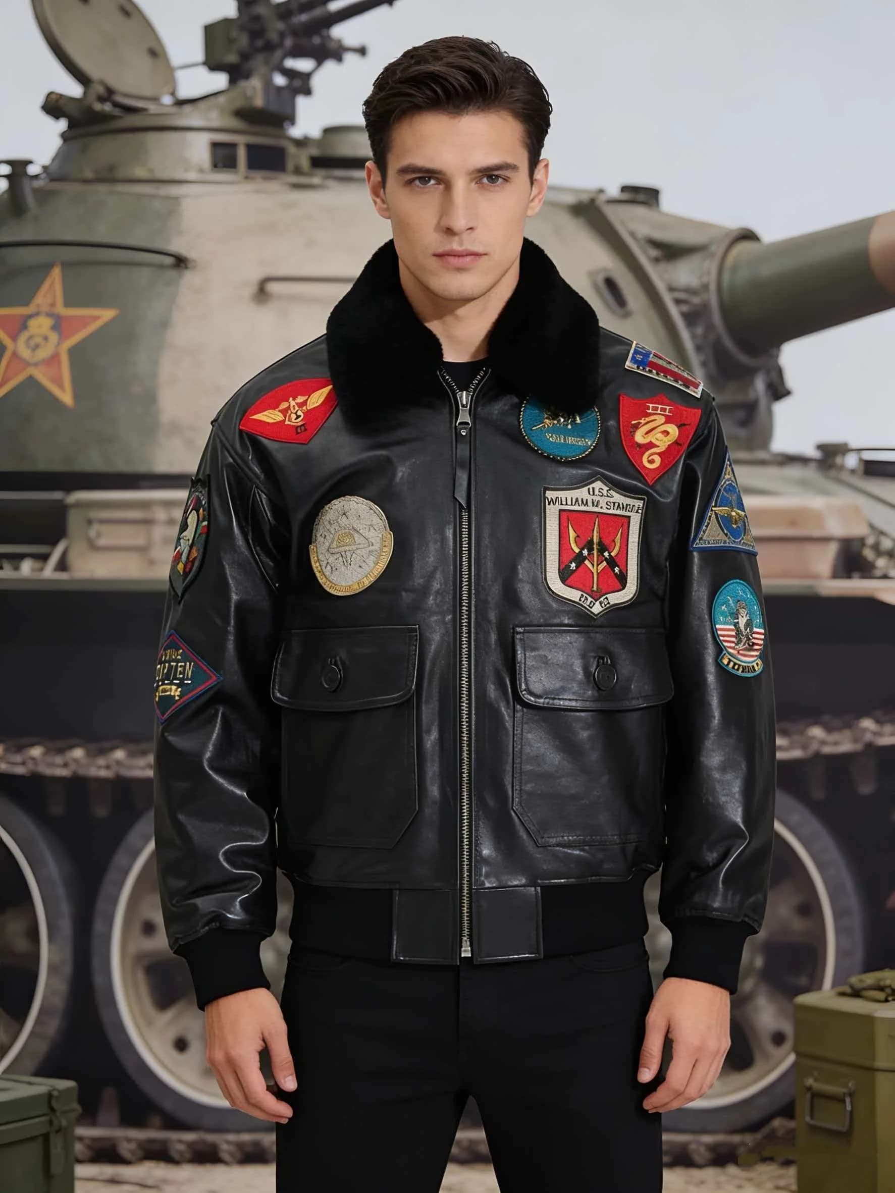 Veste en cuir de pilote d'hiver noire G1 avec col en laine de mouton naturelle véritable