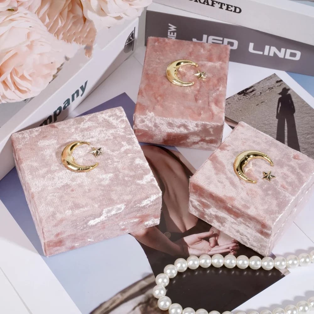 Boîte à bijoux rétro en velours lune étoile, anneau rose, Bracelets, colliers, présentoir, boîte d'emballage cadeau pour femmes, pour mariage