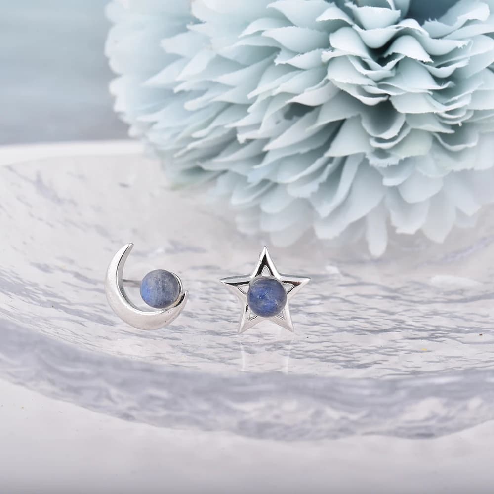 ITSMOS naturel Labradorite lune étoile boucles d'oreilles goujons à la main polonais résistant au ternissement boucle d'oreille pour les femmes bijoux fille cadeau