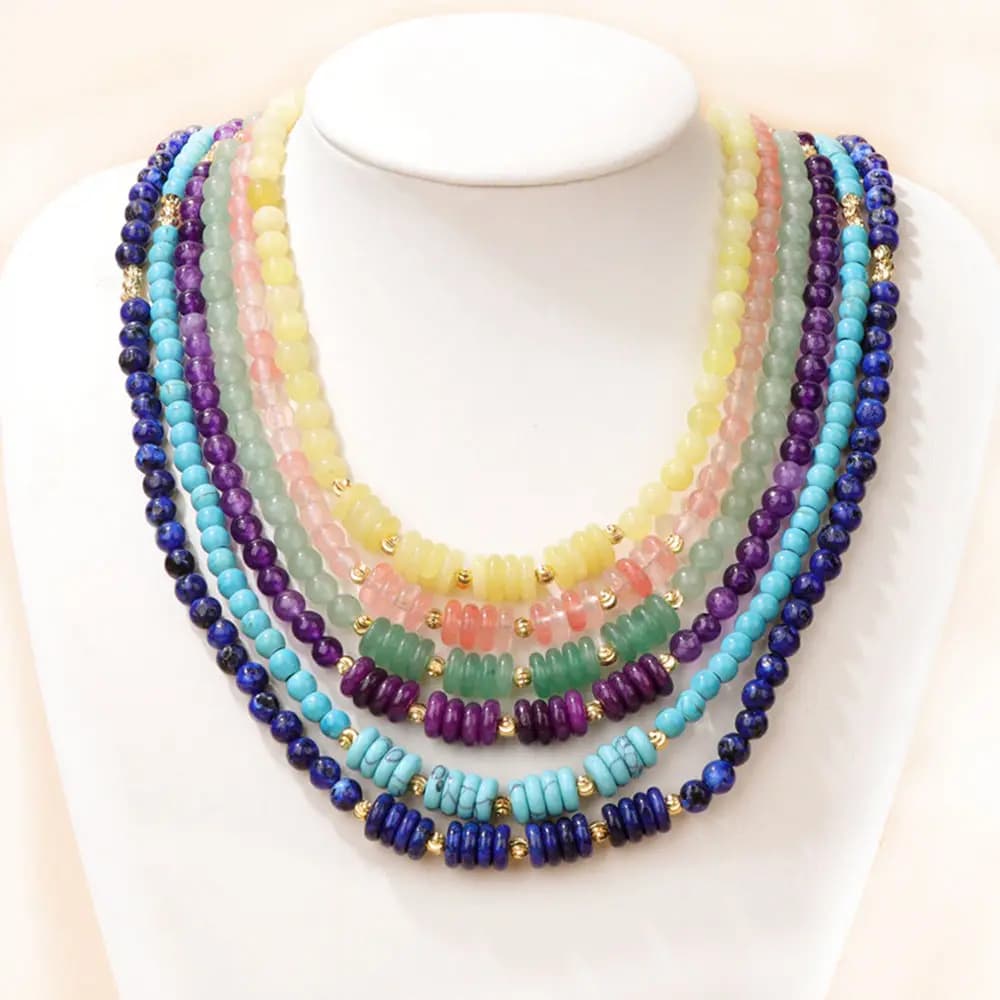 Collier de perles plates en pierre naturelle pour hommes et femmes, tour de cou en lapis-lazuli, ystes d'atterrissage, aventurine, turquoise, quartz, cadeau de bijoux de la présidence
