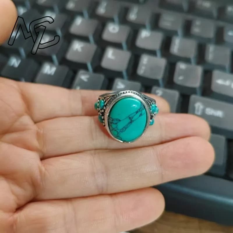 Bague en pierre Turquoise naturelle véritable, ouverture réglable, Style rétro, bijoux à breloques sculptés, amulette à la mode, cadeaux pour hommes et femmes