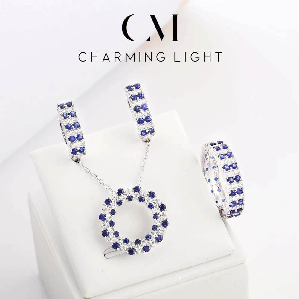 CHARMING – ensemble de bijoux en saphir bleu 2025, pierres précieuses cultivées en laboratoire, en argent Sterling 925 pour femmes, boucles d'oreilles, collier, bague, cadeau Vintage