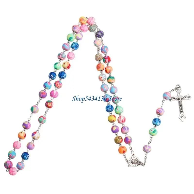 Collier Chapelet Religieux Catholique Chrétien avec Pendentif Croix Crucifix, Chaîne de Perles de Chapelet, Bijou Unisexe