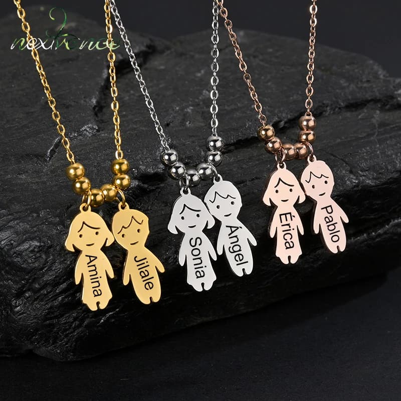 Nextvance nouvelle tendance garçon fille enfants collier en acier inoxydable gravé nom personnalisé Date perles chaîne pendentif famille bijoux cadeau