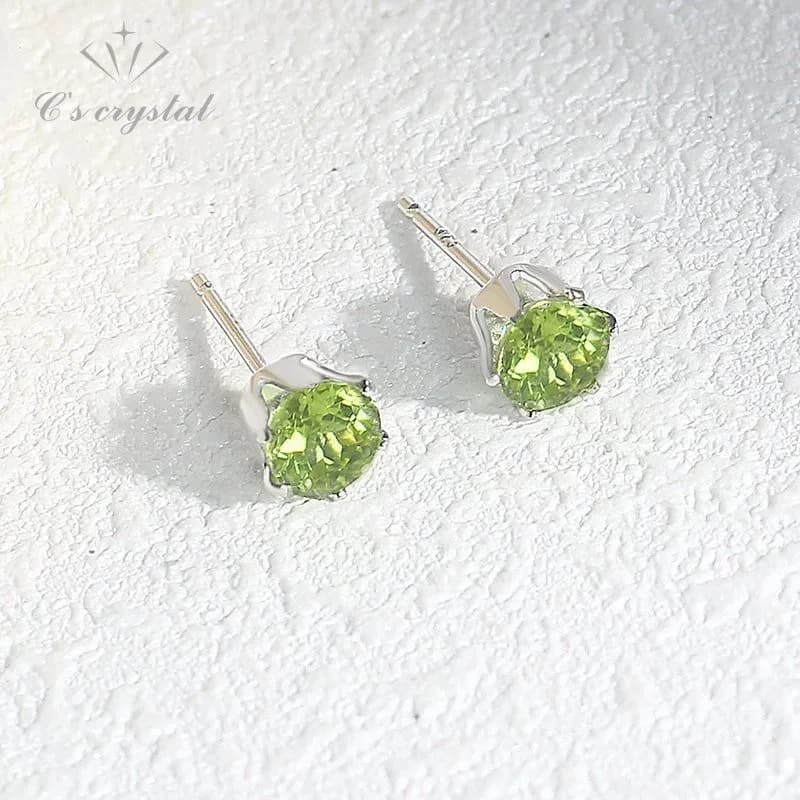 Boucles d'Oreilles Simples et Fraîches en Gemme Verte pour Femme, Mini Boucles d'Oreilles en Olivine Rondes Exquises, Bijoux Fins de Haute Qualité, Nouveau