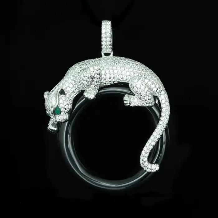 Collier pendentif Panthère en argent 925 avec émaux colorés et strass, breloque cercle noir motif lé