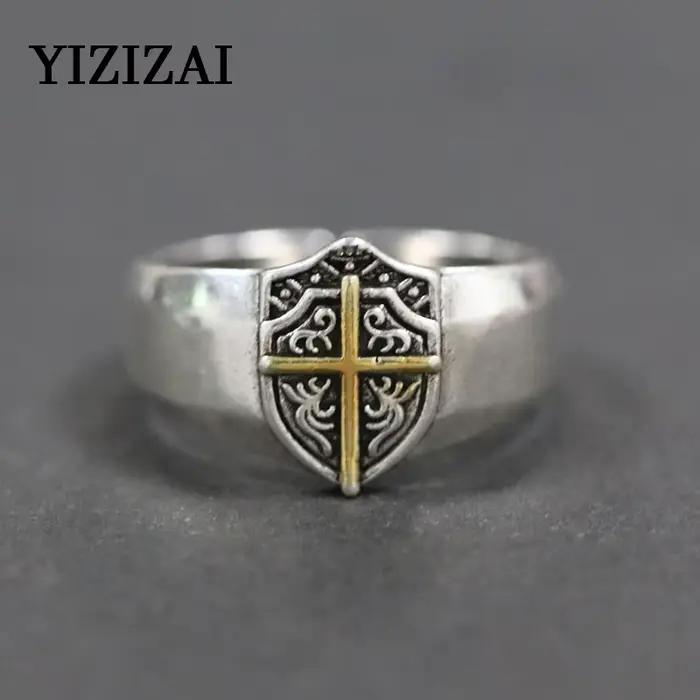 YIZIZAI hommes liberté chevalier bouclier croix anneau Vintage Punk Simple couleur argent bagues Cool Biker mâle bijoux accessoires