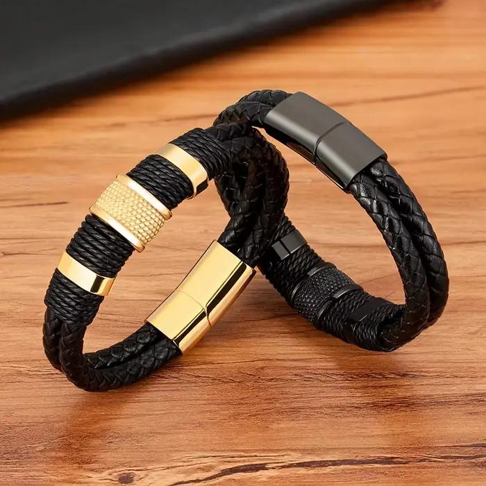 Bracelet en cuir tissé pour hommes, Style spécial, classique, en acier inoxydable, Design Double couche, 21cm