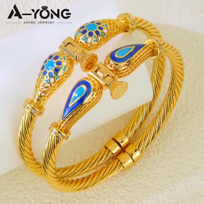 Bracelet Turquoise classique éthiopien plaqué or 21 carats, breloque de dubaï, bracelets d'ouverture Oman pour femmes, bijoux de fête de mariage