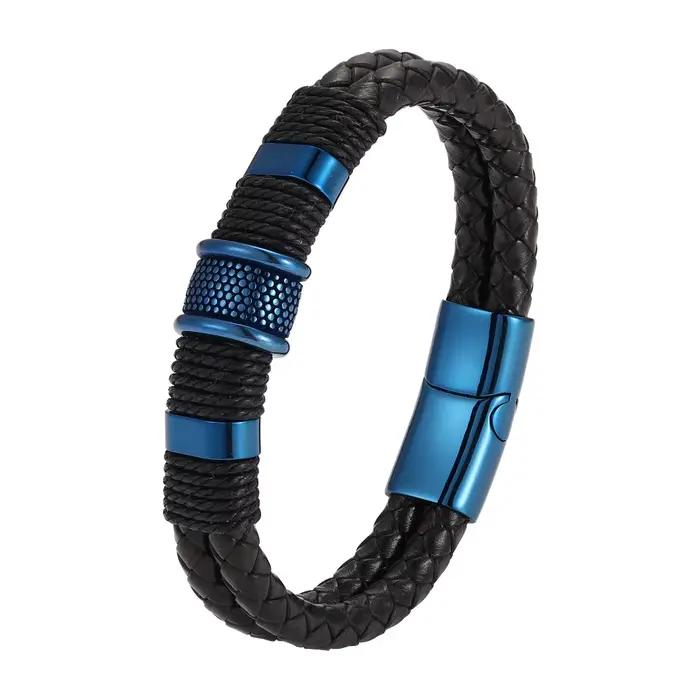 Bracelet en cuir tissé pour hommes, Style spécial, classique, en acier inoxydable, Design Double couche, 21cm