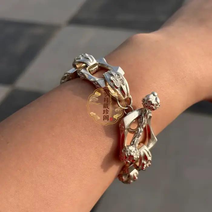 Bracelet vintage tibétain en argent sculpté à la main, style européen et américain, bijou tendance, cadeau idéal pour femmes et hommes