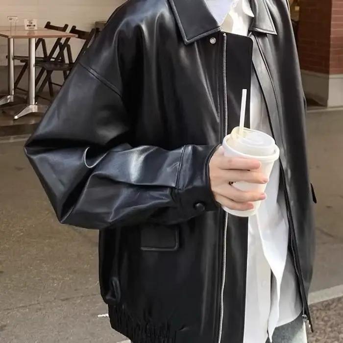 Blouson en similicuir marron pour femme, nouveau style automne 2026, coupe ample, style motard vintage américain