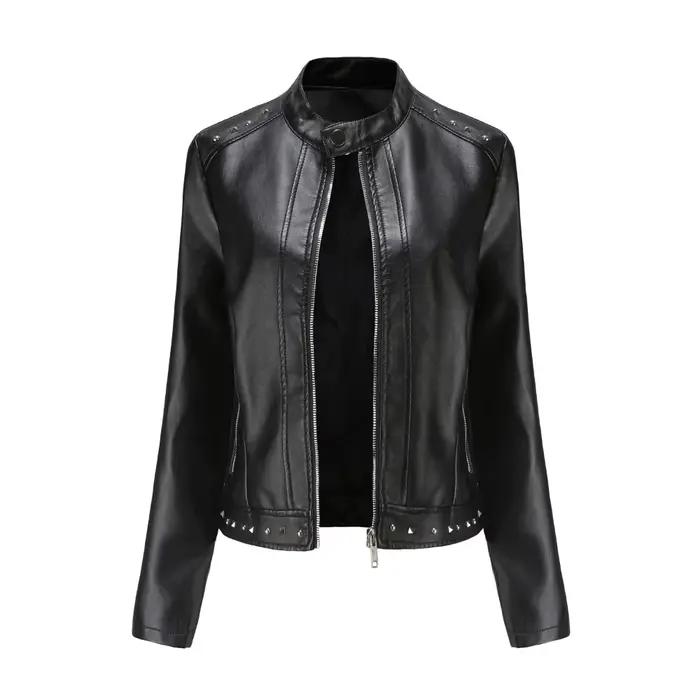 Femmes Faux PU Veste en cuir Casual Lady Revers Rivet Zipper Veste courte High Street Moto Biker Manteau Outwear S-5XL Automne Printemps