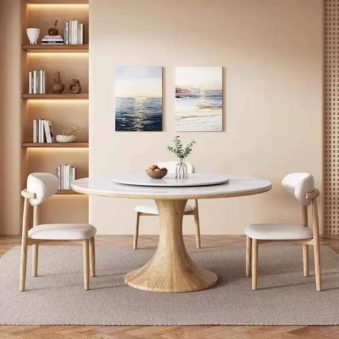 Table à manger ronde moderne et simple avec plateau tournant, table à manger haut de gamme en ardoise et bois massif, et ensemble de chaises