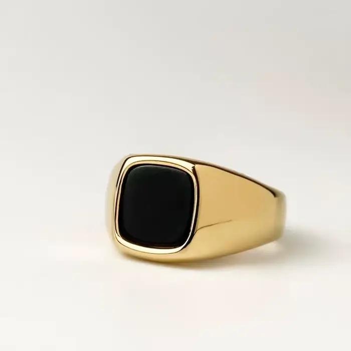 Bague chevalière chirurgicale classique en acier inoxydable pour hommes, avec bijoux carrés en Onyx, cadeau d'halloween, bagues de mariage en pierre noire 316L