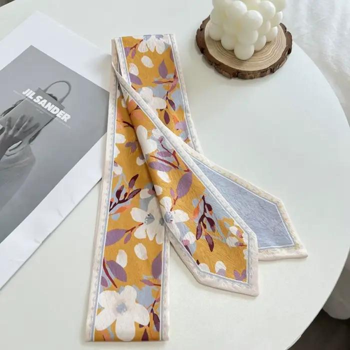Écharpe en ruban de soie satiné polyvalente, tendance, longue, fine, étroite, cravate pour cheveux, sangle de sac florale fraîche pour femmes