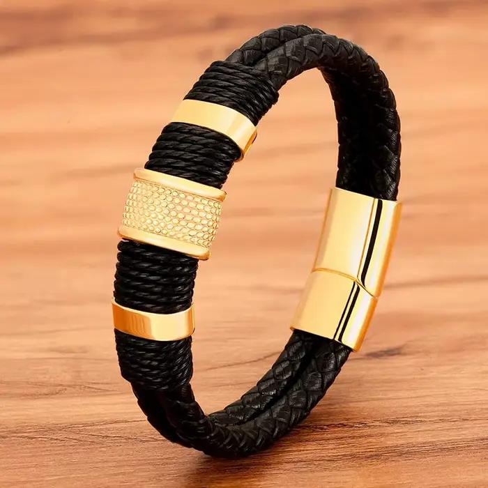 Bracelet en cuir tissé pour hommes, Style spécial, classique, en acier inoxydable, Design Double couche, 21cm