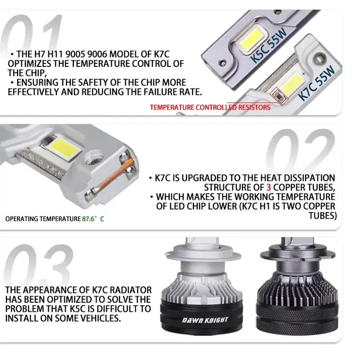 DAWNKNIGHT K7C 4300K H7 H4 H11 lampe à LED 3 tubes de cuivre lumières LED pour voiture H1 HB3 9005 HB4 9006 12V ampoule de phare LED