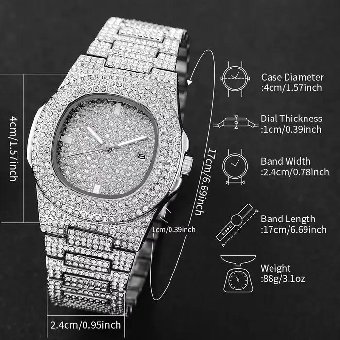 Ensemble de 3 montres pour hommes de luxe avec strass, chaîne cubaine, bijoux, montres à quartz carrées, accessoires, cadeau, Relogio Masculino
